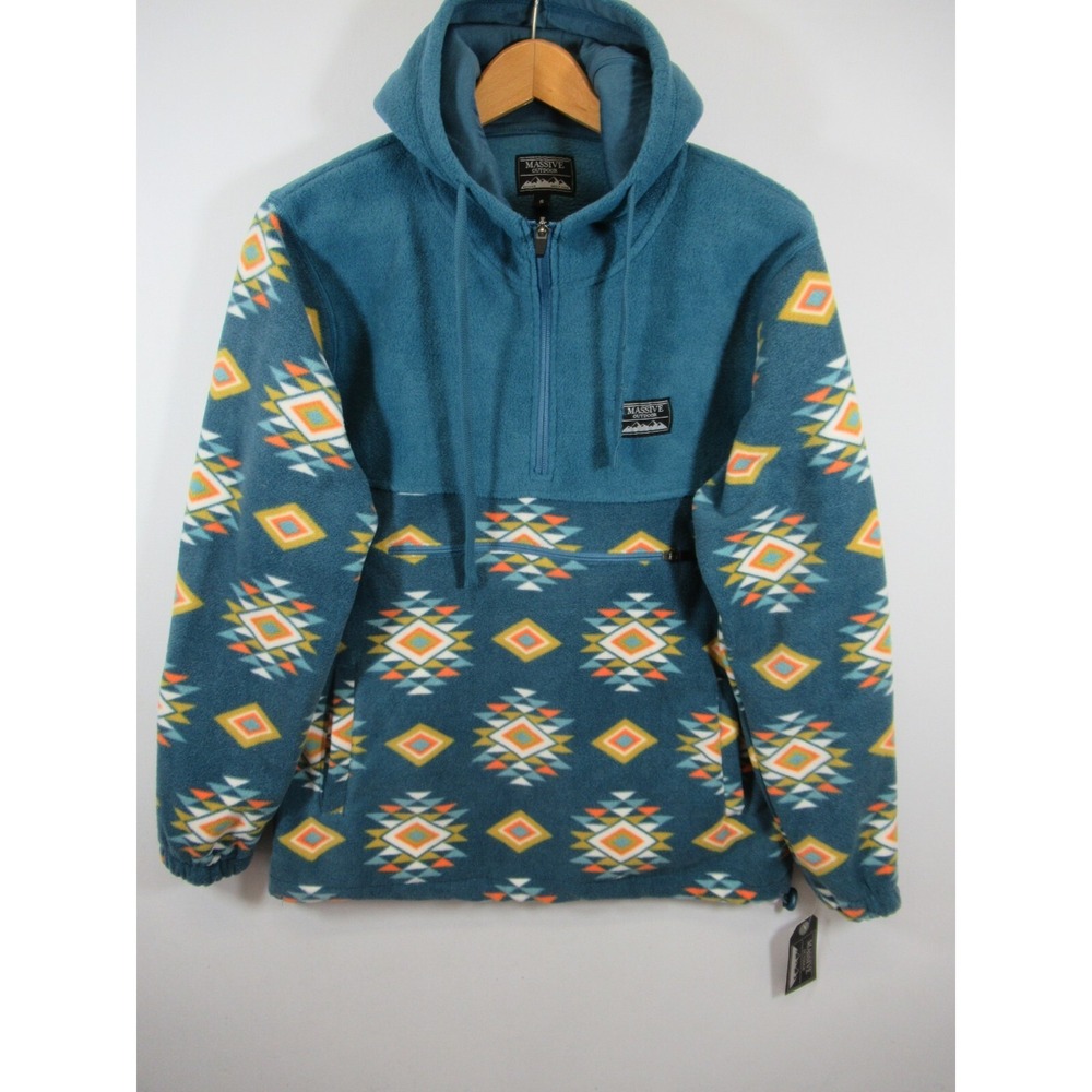 Massive Outdoor Aztec Southwestern Fleece Hoodie Men Small Blue